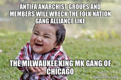 Antifa Anarchist groups and members will wreck the Folk Nation Gang Alliance like the Milwaukee King MK Gang of Chicago