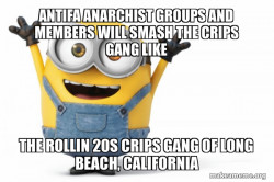 Antifa Anarchist groups and members will smash the Crips Gang like the Rollin 20s Crips Gang of Long Beach, California