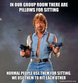 In pur group room there are pillows for sitting. Suddenly a pillow fliesst on my Head.
Normal people use the Pilot for sitting. We use them to hit each othere