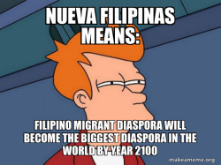 Nueva Filipinas Means:  FILIPINO MIGRANT DIASPORA WILL BECOME THE BIGGEST DIASPORA IN THE WORLD BY Year 2100 