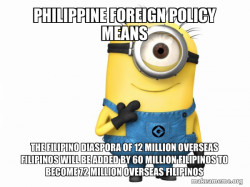 Philippine Foreign Policy Means THE FILIPINO DIASPORA OF 12 MILLION OVERSEAS FILIPINOS WILL BE ADDED BY 60 MILLION FILIPINOS TO BECOME 72 MILLION OVERSEAS FILIPINOS 
