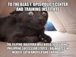 To the Blas F. Ople Policy Center and Training Institute The Filipino Diaspora will build 101 Filipino - Philippine Successor States / Balwartes in Mexico, Latin America and Caribbean