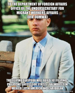 To The Department of Foreign Affairs Office of the Undersecretary for Migrant Workers Affairs (DFA-OUMWA) The Filipino Diaspora will build 101 Filipino - Philippine Successor States / Balwartes in Mexico, Latin America and Caribbean
