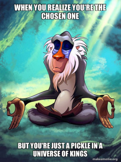 A picture of pickle rick from the series rick & morty being held over pride rock from lion king