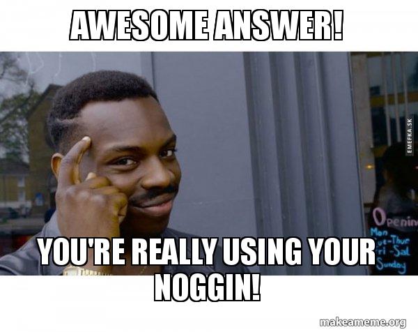 Amazing Answer Meme Awesome answer! You're really using your noggin! - Roll Safe Black Guy ...