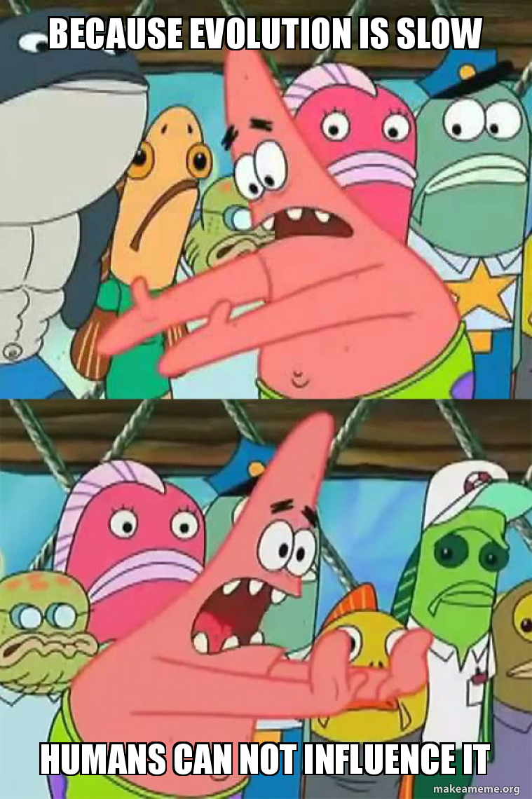Because Evolution Is Slow Humans Can Not Influence It Push It Somewhere Else Patrick Make A Meme