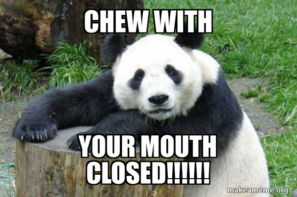 CHEW WITH YOUR MOUTH CLOSED!!!!!! - Confession Panda Meme Generator