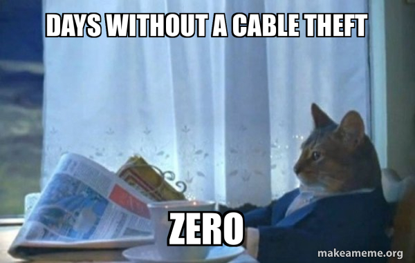 Days Without Rant Meme DAYS WITHOUT A CABLE THEFT ZERO - Sophisticated Cat Meme Generator
