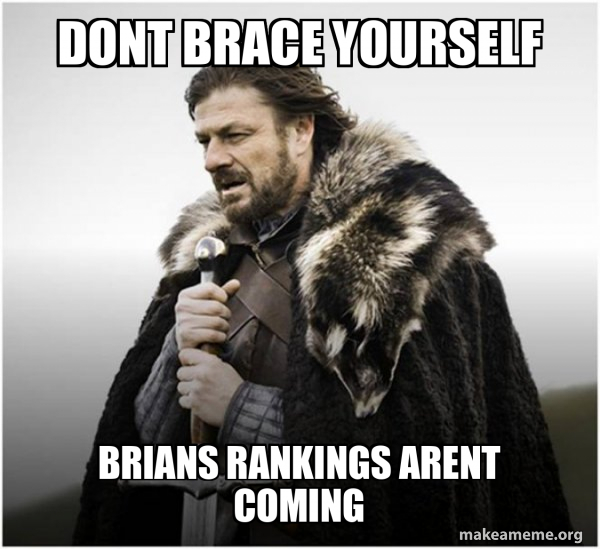 Dont Brace yourself Brians rankings arent comiNg Brace Yourself