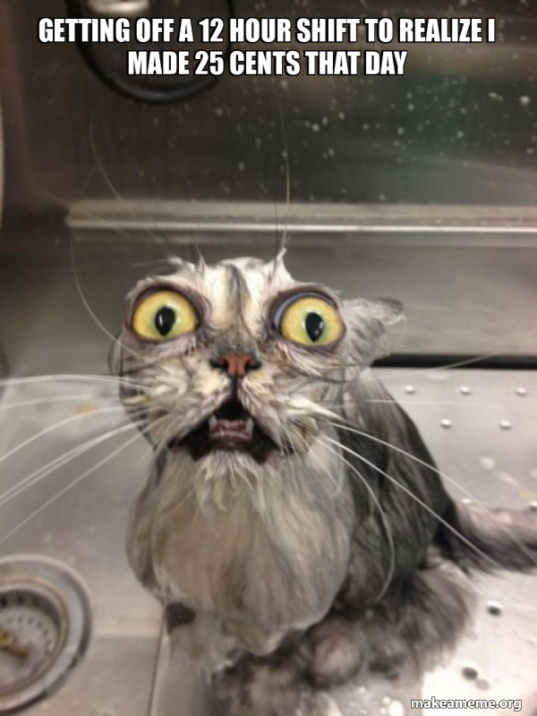 Getting Off Meme getting off a 12 hour shift to REALIZE i made 25 cents that day - Cat ...