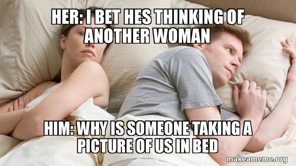 Couple thinking in bed meme