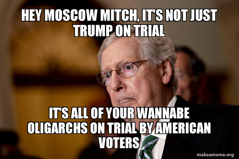 Hey Moscow hey Moscow mitch, it's not just trump on trial it's all of your wannabe ...