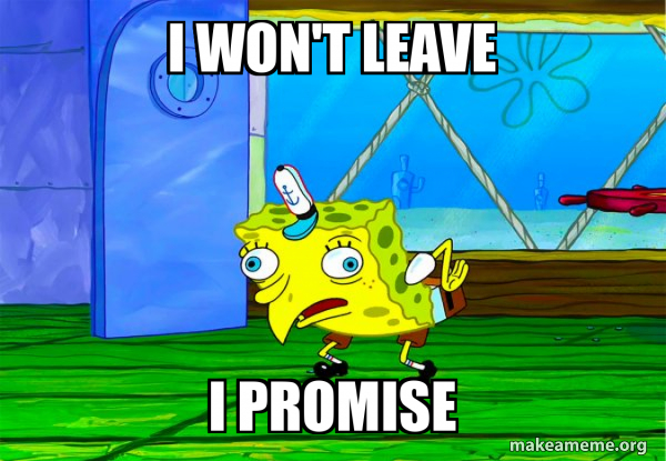 I WOn T LEaVe I PRoMiSe Mocking SpongeBob Meme Generator