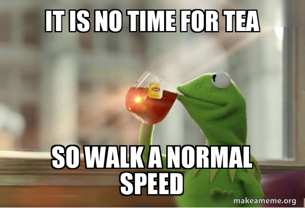 It Is No Time For Tea So Walk A Normal Speed Kermit Drinking Tea Make A Meme