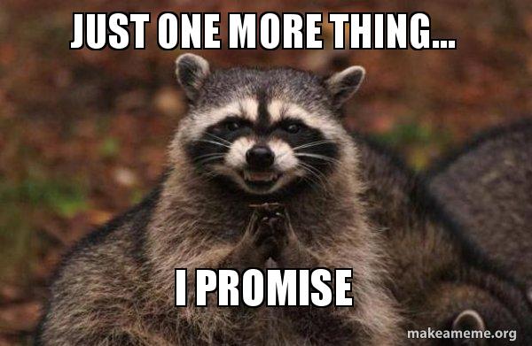 Just One More Thing I Promise Evil Plotting Raccoon Make A Meme