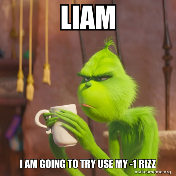 LIAM I AM GOING TO TRY USE MY -1 RIZZ - Grinch Meme Generator