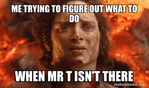me trying to figure out what to do when mr t isn't there - Frodo it's ...
