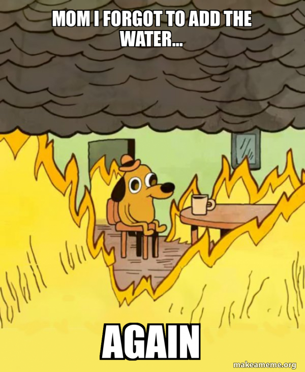 mom I forgot to add the water... again - This Is Fine Meme Generator