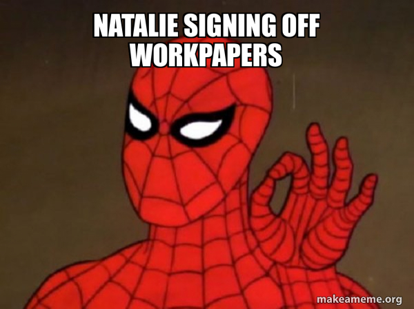 natalie signing off workpapers - Spiderman - Care factor Zero Meme ...