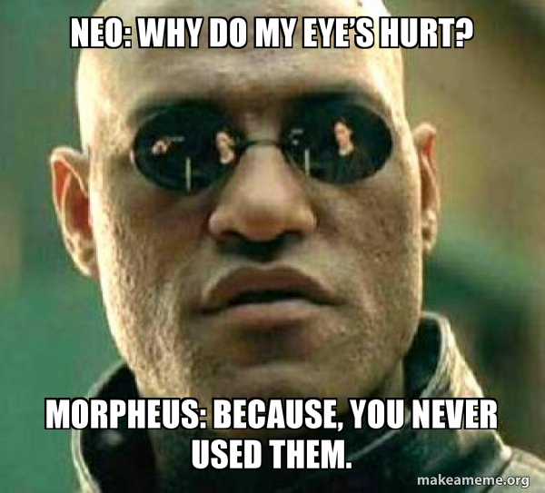 Neo Why do my eyeâ€™s hurt? Morpheus Because, you never used them