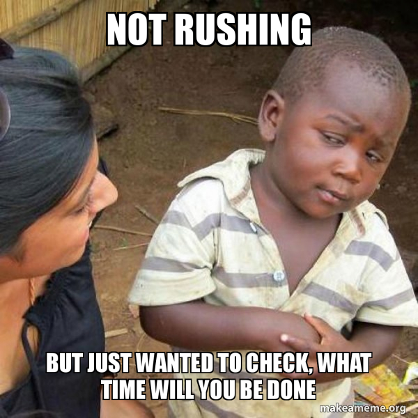 No Rushing Needed Meme Not rushing But just wanted to check, what time will you be done ...