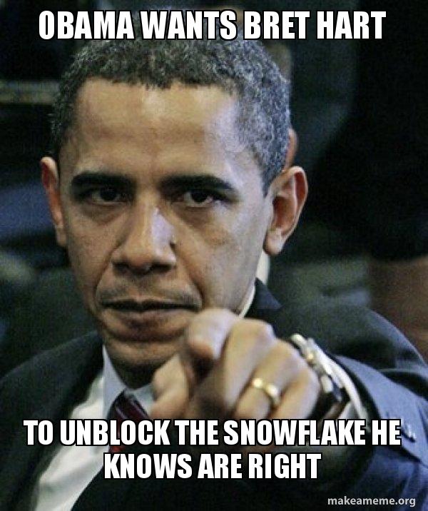 Obama wants Bret Hart To unblock the snowflake he knows are right Angry Obama Make a Meme