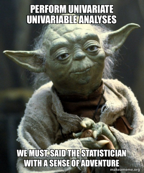 Multivariable Memes Perform univariate univariable analyses We must, said the statistician ...