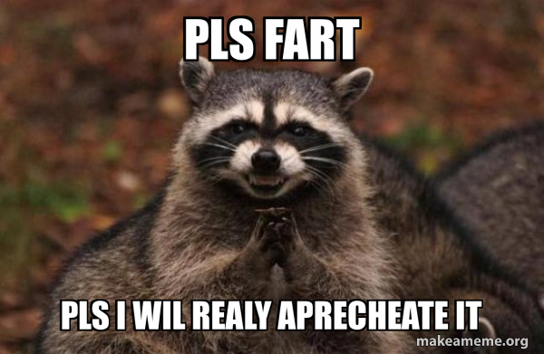 pls fart pls i wil realy aprecheate it - Evil Plotting Raccoon Meme ...