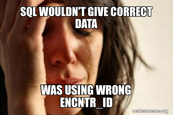 SQL WOULDN'T GIVE CORRECT DATA WAS USING WRONG ENCNTR_ID - First World ...