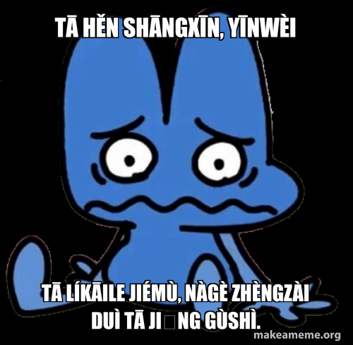 Tā hěn shāngxīn, yīnwèi tā líkāile jiémù, nàgè zhèngzài duì tā jiǎng ...