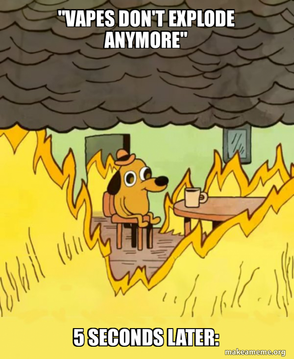 "Vapes don't explode anymore" 5 seconds later: - This Is Fine Meme ...