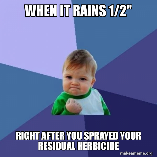 When it rains 1/2" Right after you sprayed your residual herbicide -  Success Kid Meme Generator