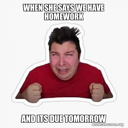 When she says we have homework and its due tomorrow Meme Generator