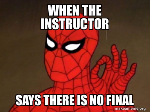 Intrcutor Meme when the instructor says there is no final - Spiderman - Care factor ...