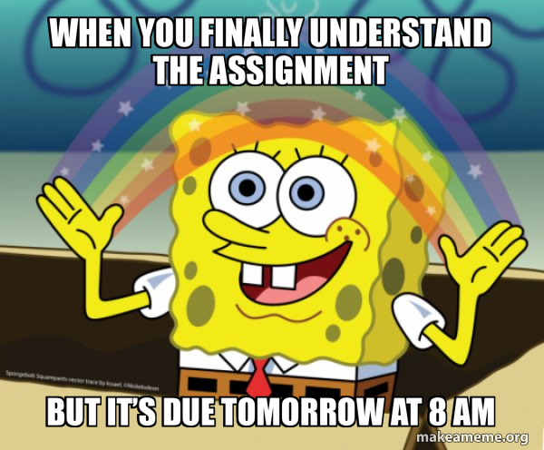 When you finally understand the assignment But it’s due tomorrow at 8 ...