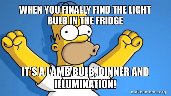 When you finally find the light bulb in the fridge It's a lamb bulb ...