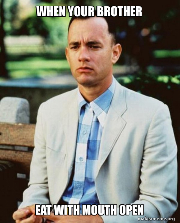 when your brother eat with mouth open - Forrest Gump Meme Generator