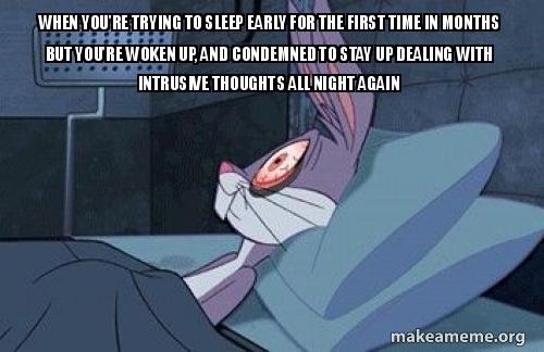 When You Re Trying To Sleep Early For The First Time In Months But You Re Woken Up And Condemned To Stay Up Dealing With Intrusive Thoughts All Night Again Make A Meme