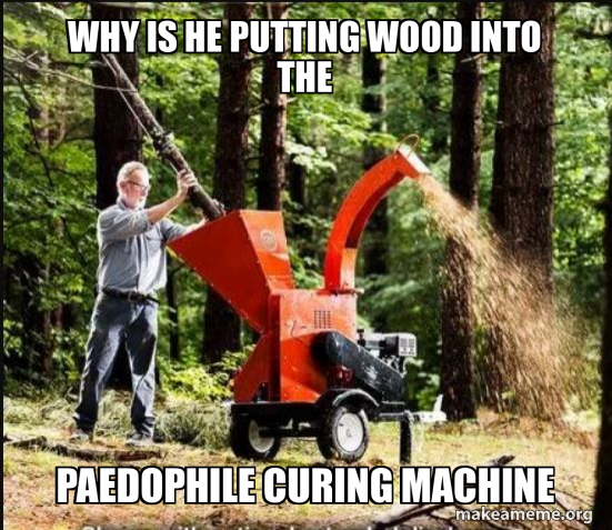 Curing Meme why is he putting wood into the paedophile curing machine Meme Generator