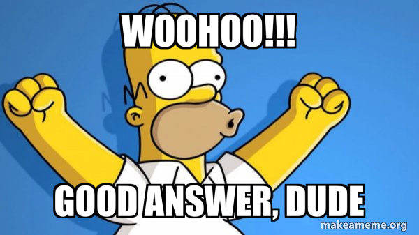 Woohoo!!! Good answer, dude - Happy Homer Meme Generator