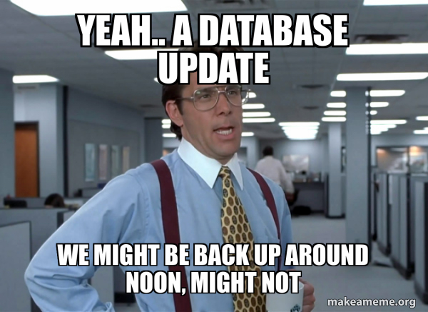 Yeah.. a Database Update We might be back up around noon, might not ...