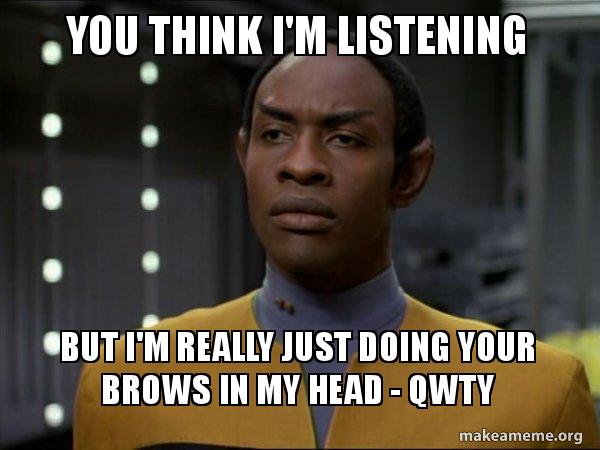 You Think I M Listening But I M Really Just Doing Your Brows In My Head Qwty Skeptical Vulcan Make A Meme