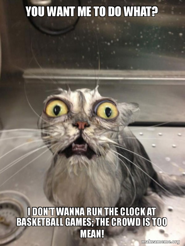 You Want Me To Do What I Don T Wanna Run The Clock At Basketball Games The Crowd Is Too Mean Cat Bath Make A Meme